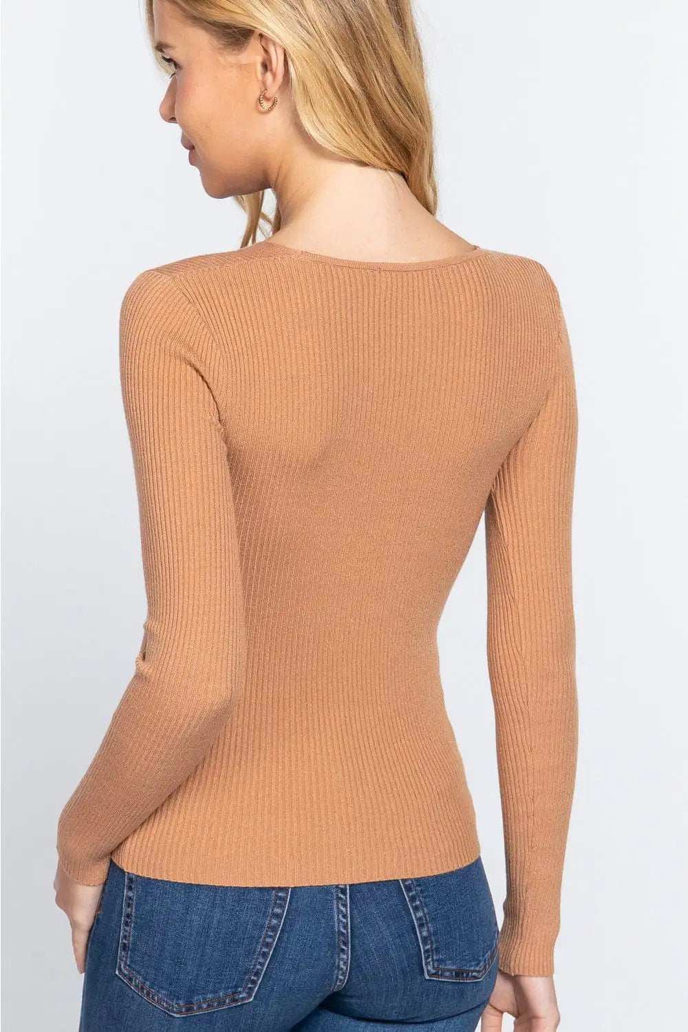 ACTIVE BASIC V-Neck Fitted Viscose Rib Knit Top - Trendsi - Flyclothing LLC