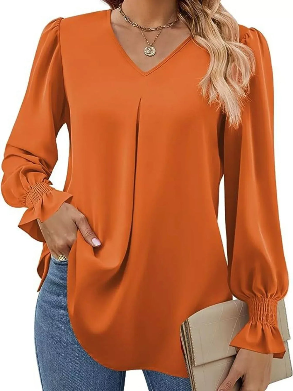 V-Neck Long Sleeve Ruffle Cuff Blouse - Trendsi - Flyclothing LLC