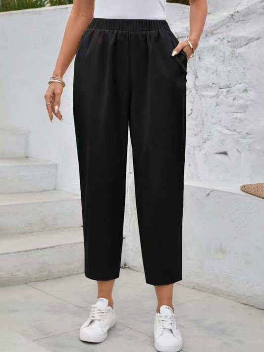 Elastic Waist High Rise Pants - Trendsi - Flyclothing LLC