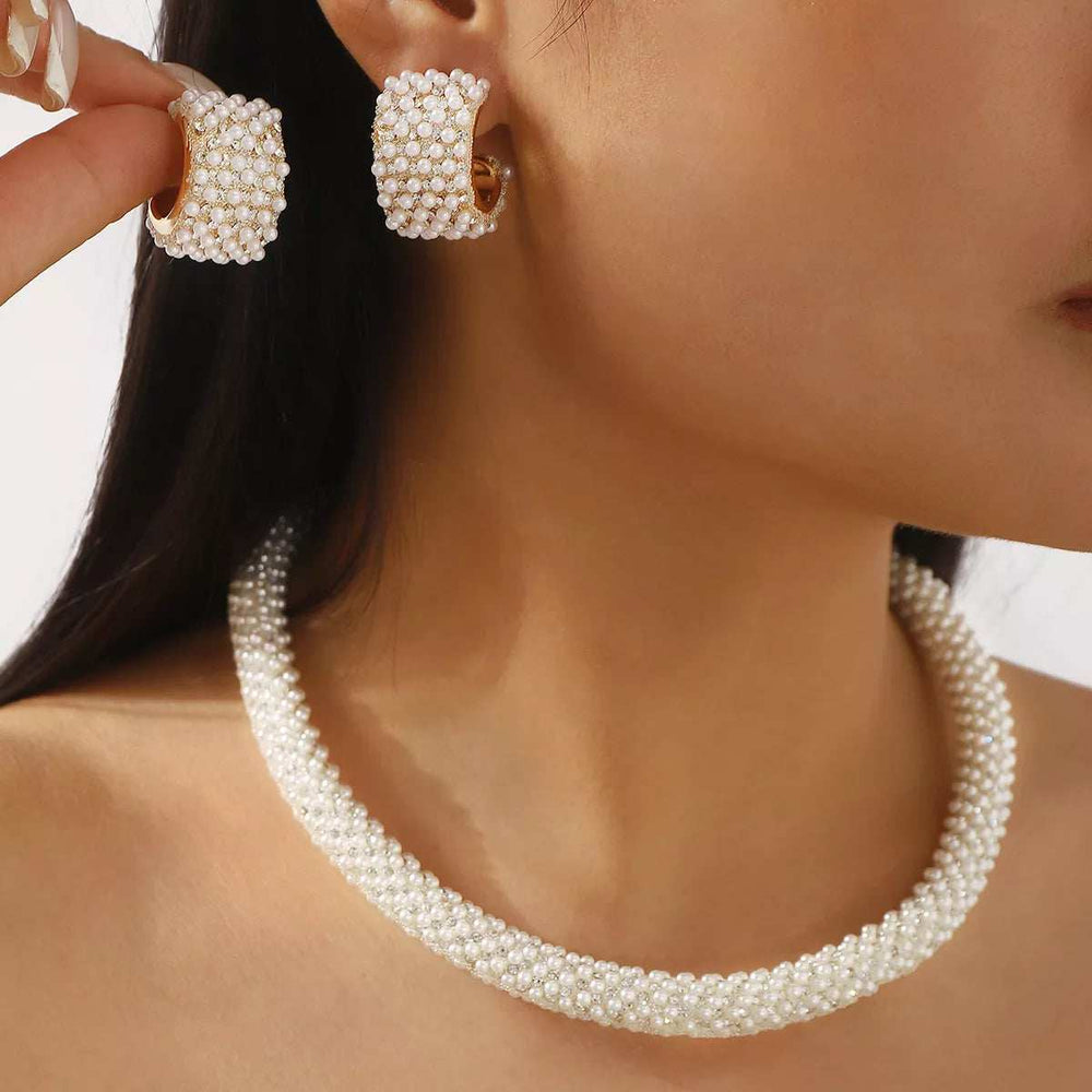 Pearl Embellished Earrings and Necklace Jewelry Set - Trendsi - Flyclothing LLC