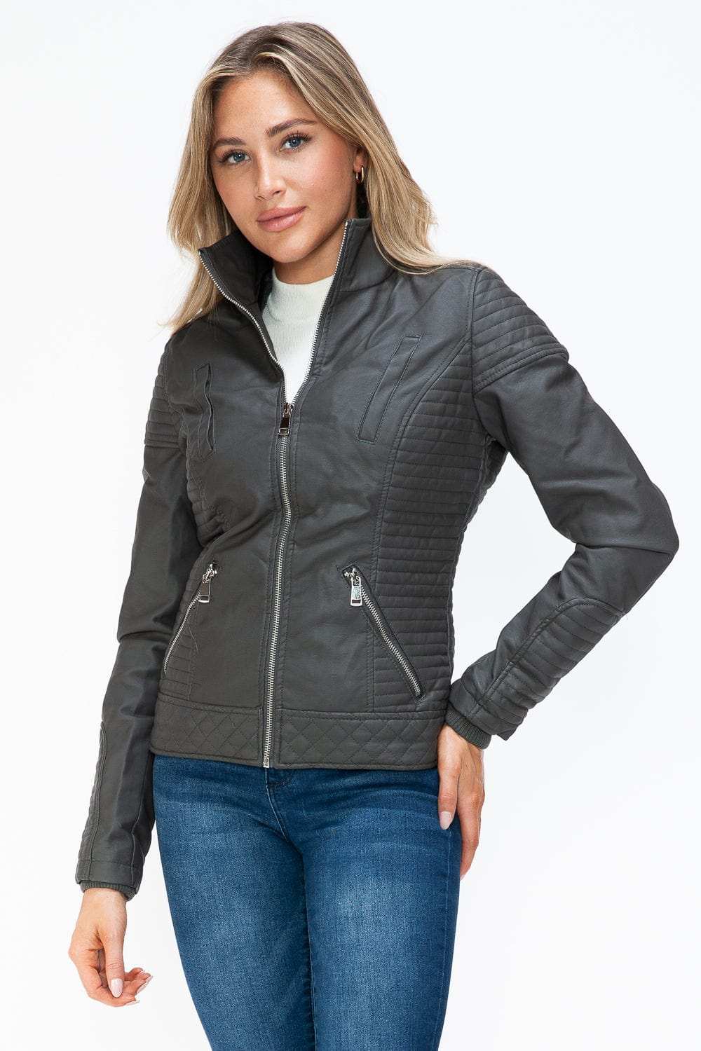 YMI Faux Layered Double-Zipper Jacket with Fuzzy Hood - Trendsi - Flyclothing LLC