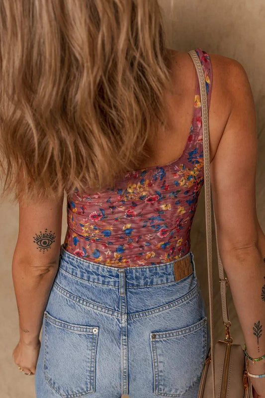 Floral Mesh Scoop Neck Wide Strap Bodysuit - Trendsi - Flyclothing LLC