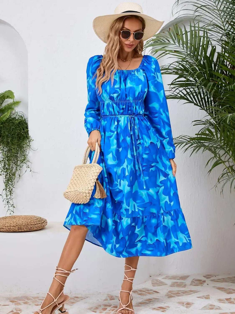 Printed Long Sleeve Midi Dress - Trendsi - Flyclothing LLC