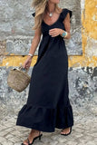 V Neck Ruffled Cap Sleeve Smocked Maxi Dress - Trendsi - Flyclothing LLC