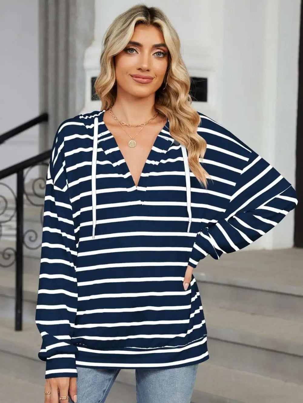 Drawstring Striped Long Sleeve Hoodie - Trendsi - Flyclothing LLC
