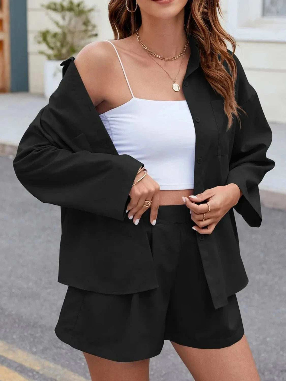 Button Up Long Sleeve Top and Shorts Set - Trendsi - Flyclothing LLC