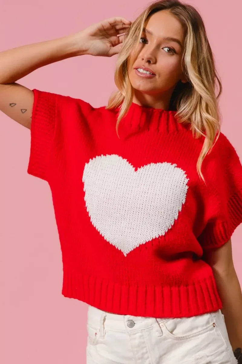 BiBi Rib Banded Heart Pattern Valentines Sweater - Trendsi - Flyclothing LLC