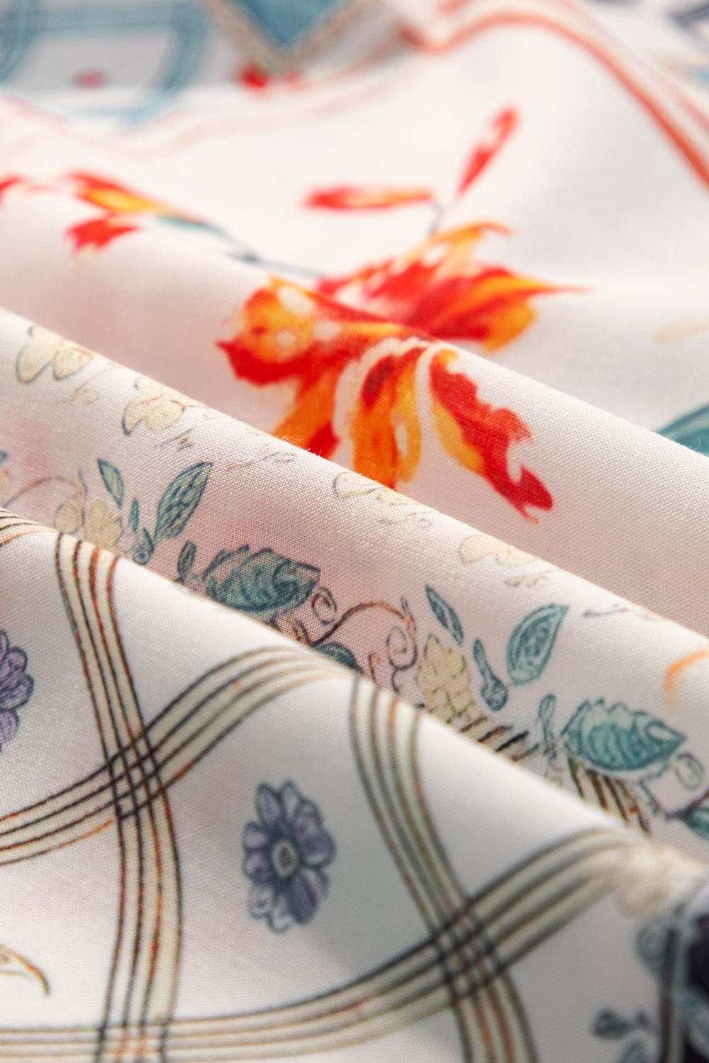 Ruffled Printed Tie Neck Three-Quarter Sleeve Blouse - Trendsi - Flyclothing LLC