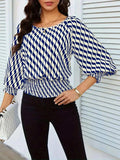 Geometric Print Lantern Sleeve Smocked Waist Blouse - Trendsi - Flyclothing LLC