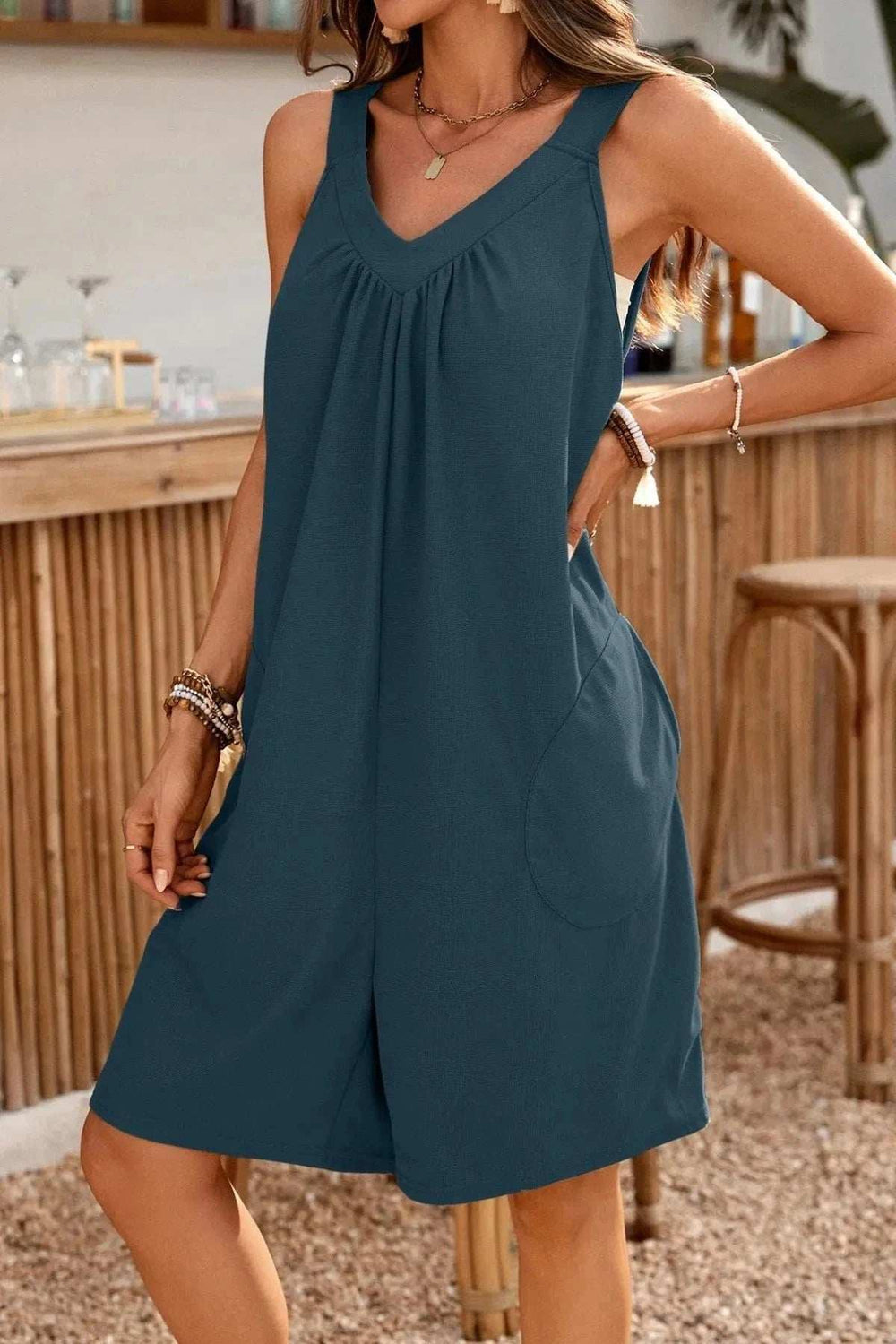 Casual V-Neck Sleeveless Romper with Pockets - Trendsi - Flyclothing LLC