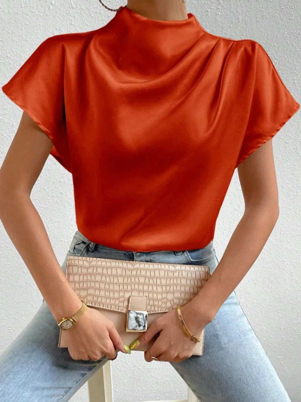Mock Neck Short Sleeve Blouse - Trendsi - Flyclothing LLC
