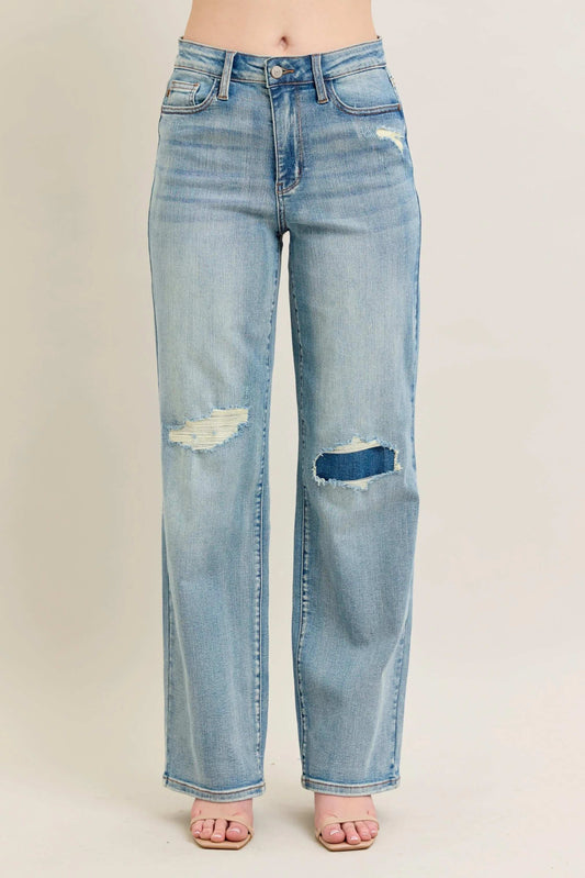 Judy Blue Full Size Hw Destroy & Knee Patch Straight Jeans Plus Size - Trendsi - Flyclothing LLC