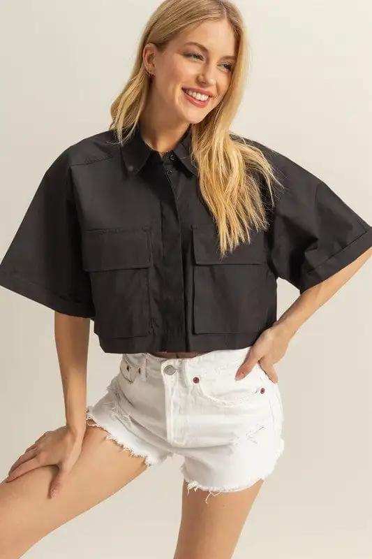 HYFVE Front Pockets Poplin Collared Neck Crop Shirt - Trendsi - Flyclothing LLC