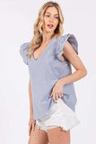 Ces Femme Striped V-Neck Ruffled Cap Sleeve Blouse - Trendsi - Flyclothing LLC