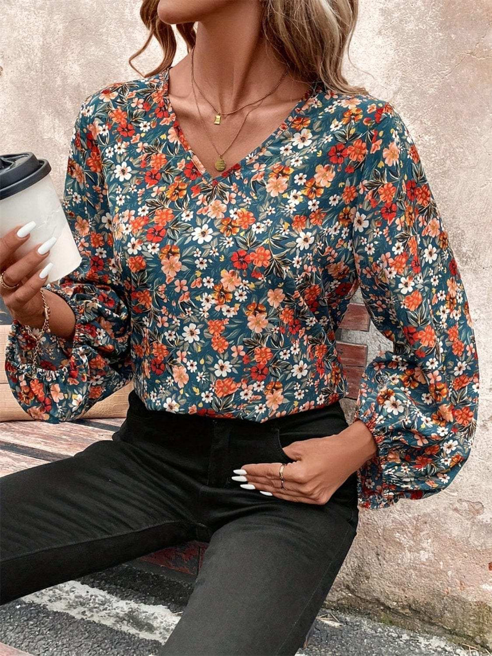 Printed V-Neck Balloon Sleeve Blouse - Trendsi - Flyclothing LLC