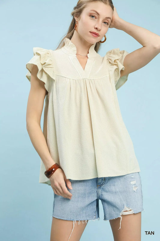 Umgee Ruffled Sleeve Textured Blouse - Trendsi - Flyclothing LLC