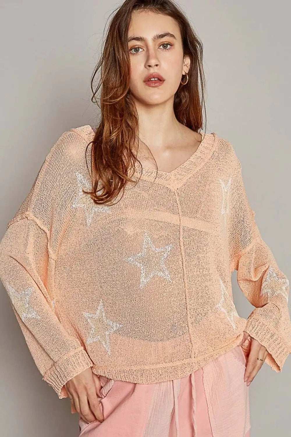 POL V-Neck Long Sleeve Star Print Knit Top - Trendsi - Flyclothing LLC