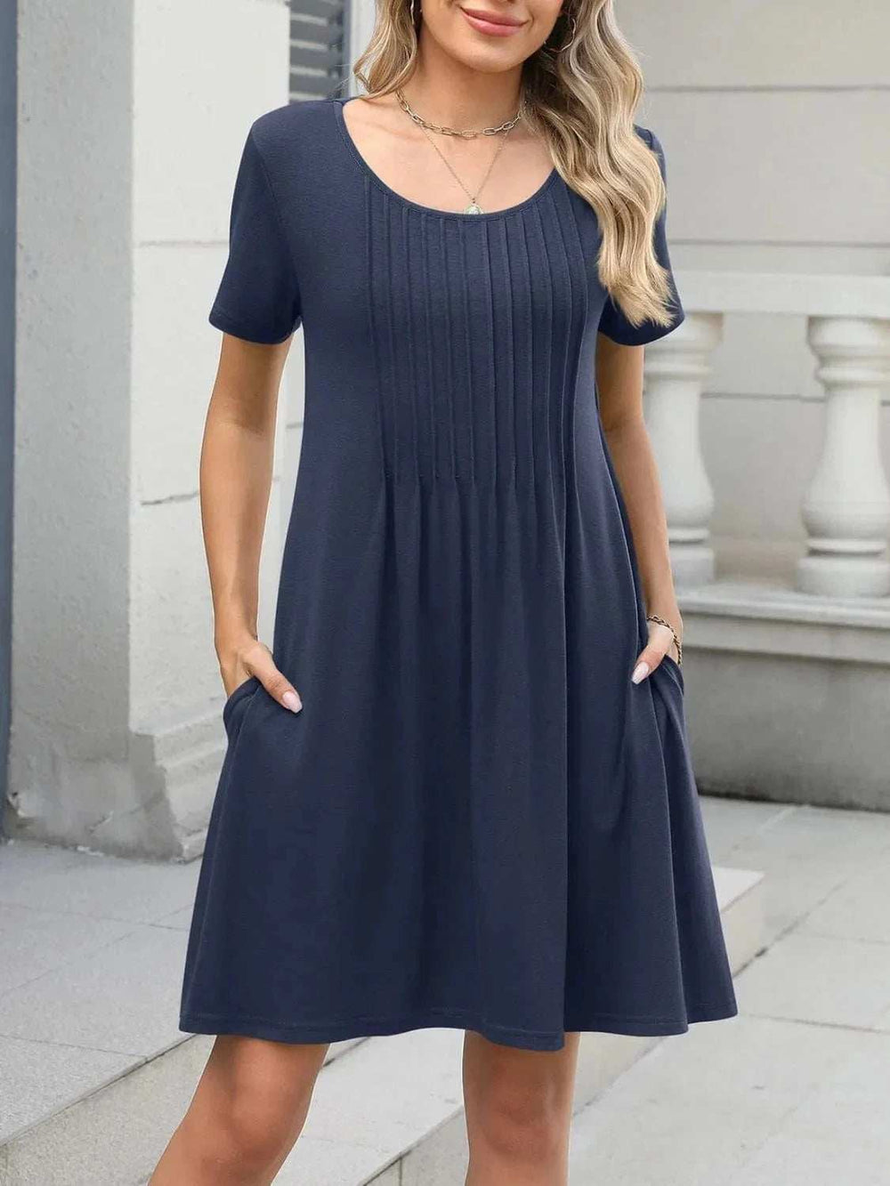 Pleated Front Round Neck Swing Dress - Trendsi - Flyclothing LLC