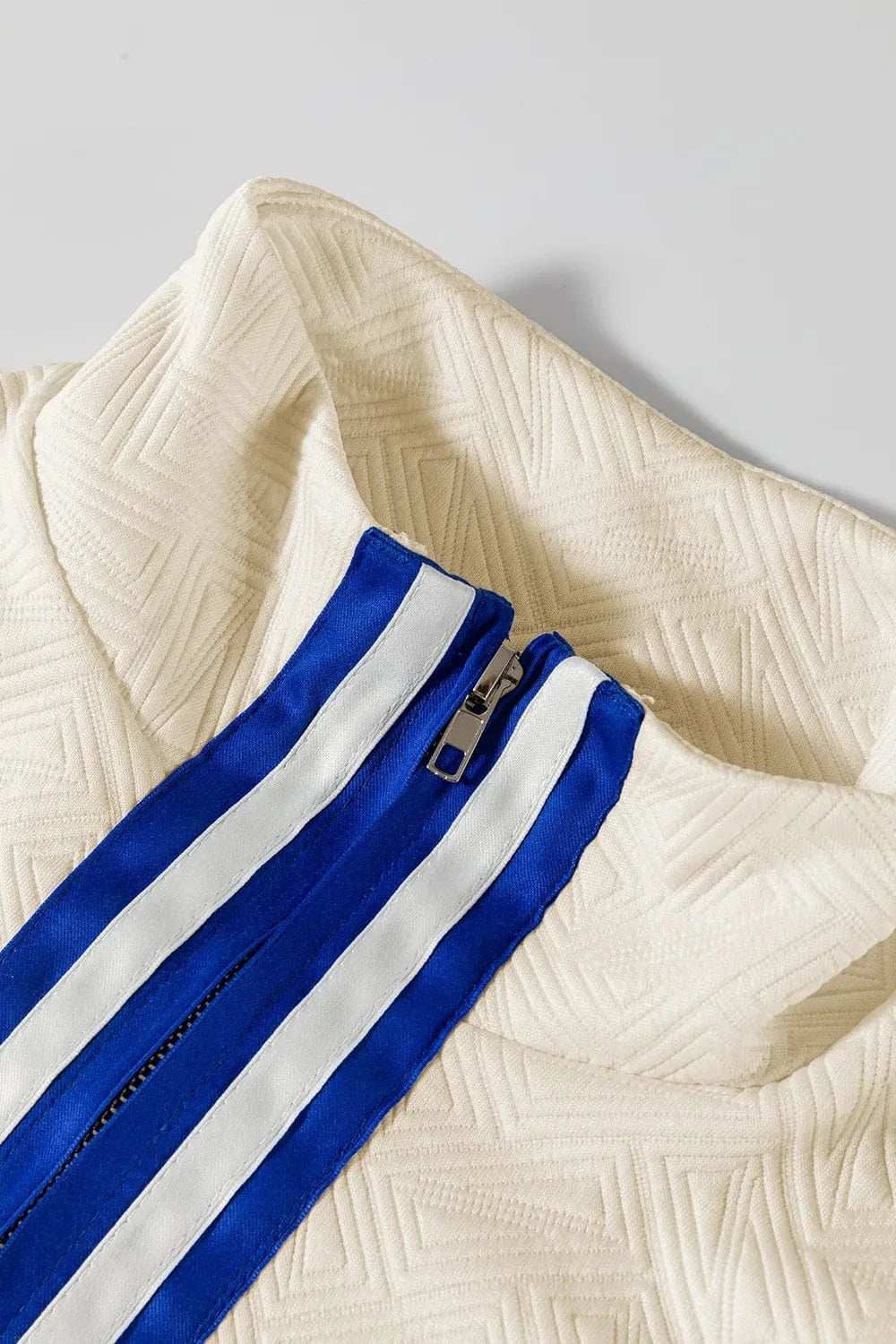 Striped Trim Textured Quarter Zipper Short Sleeve Top - Trendsi - Flyclothing LLC