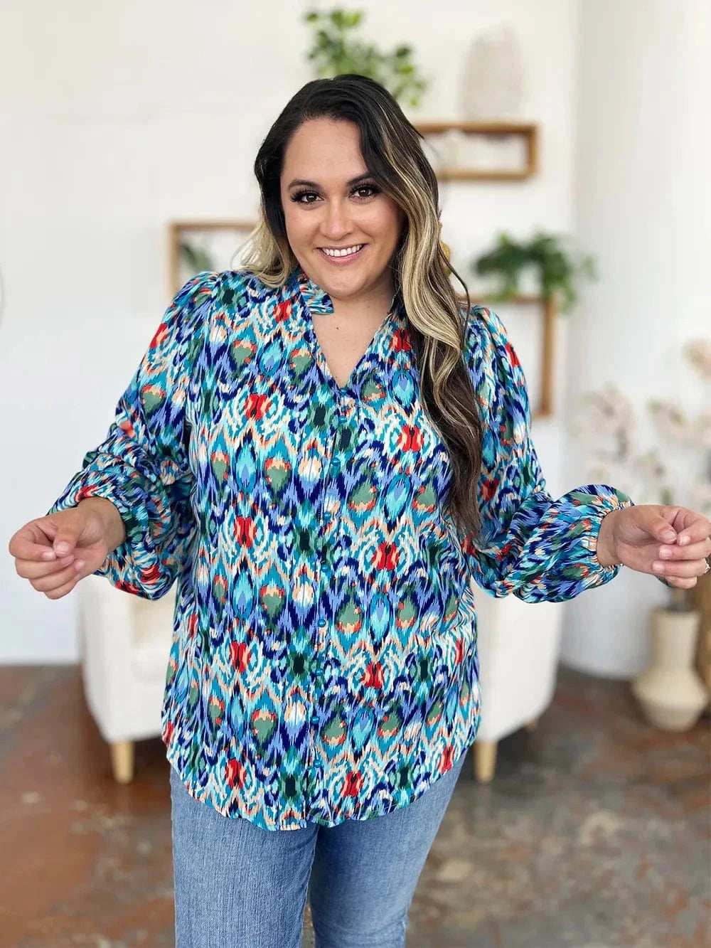 Double Take Full Size Printed Balloon Sleeve Blouse - Trendsi - Flyclothing LLC