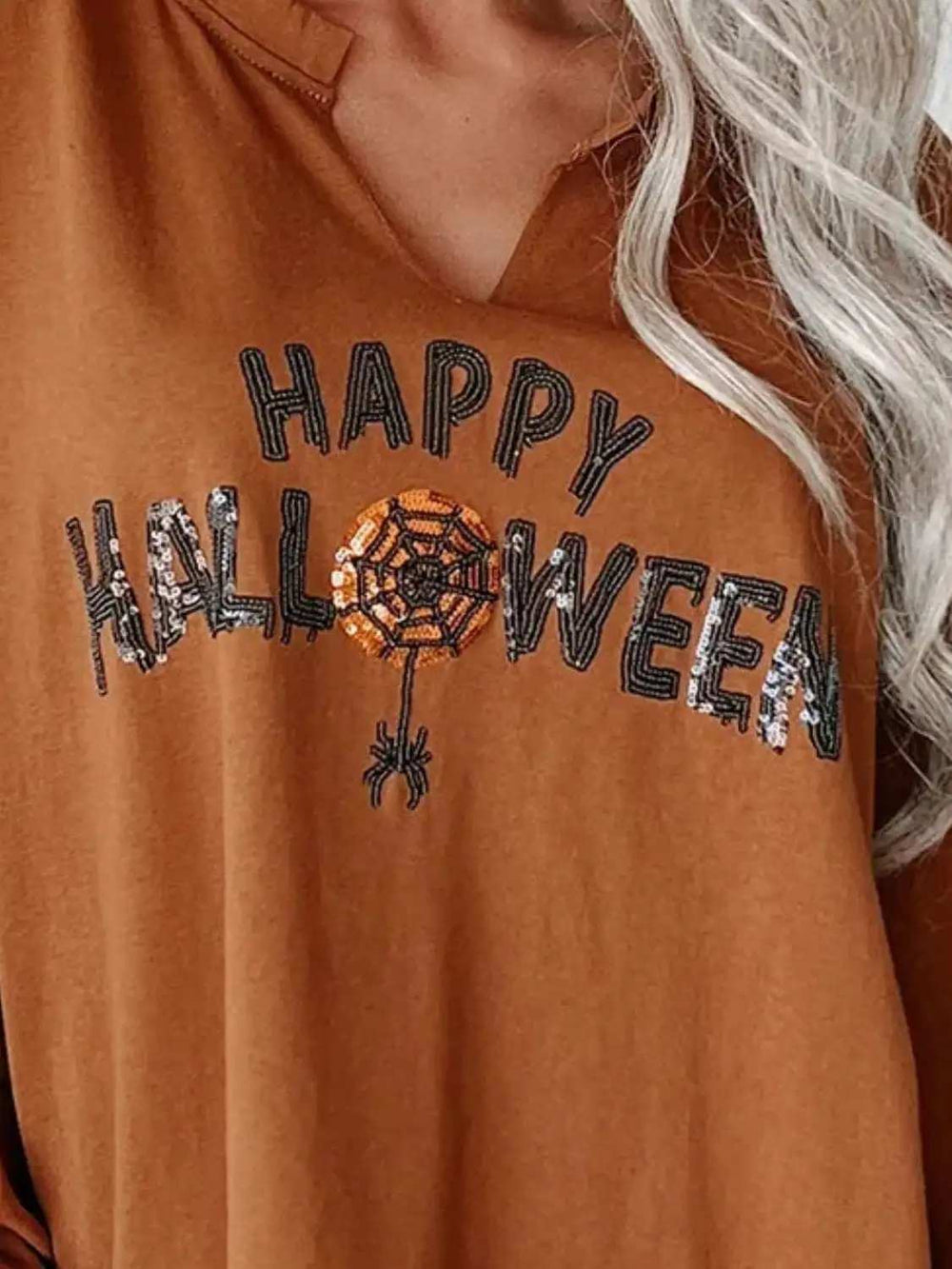 Sequin Letter Graphic Notched Long Sleeve Sweatshirt - Trendsi - Flyclothing LLC