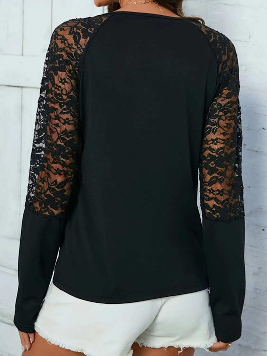 Lace Notched Long Sleeve Blouse - Trendsi - Flyclothing LLC