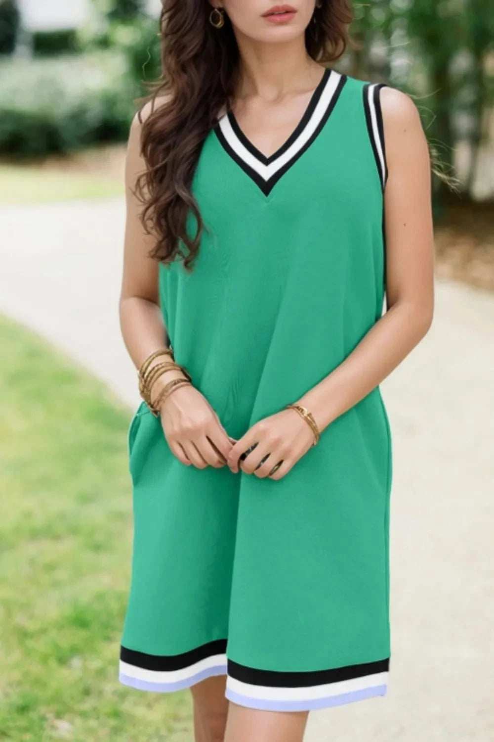 Color Contrast Trim V Neck Shift Sleeveless Mini Dress - Trendsi - Flyclothing LLC
