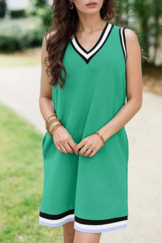 Color Contrast Trim V Neck Shift Sleeveless Mini Dress - Trendsi - Flyclothing LLC
