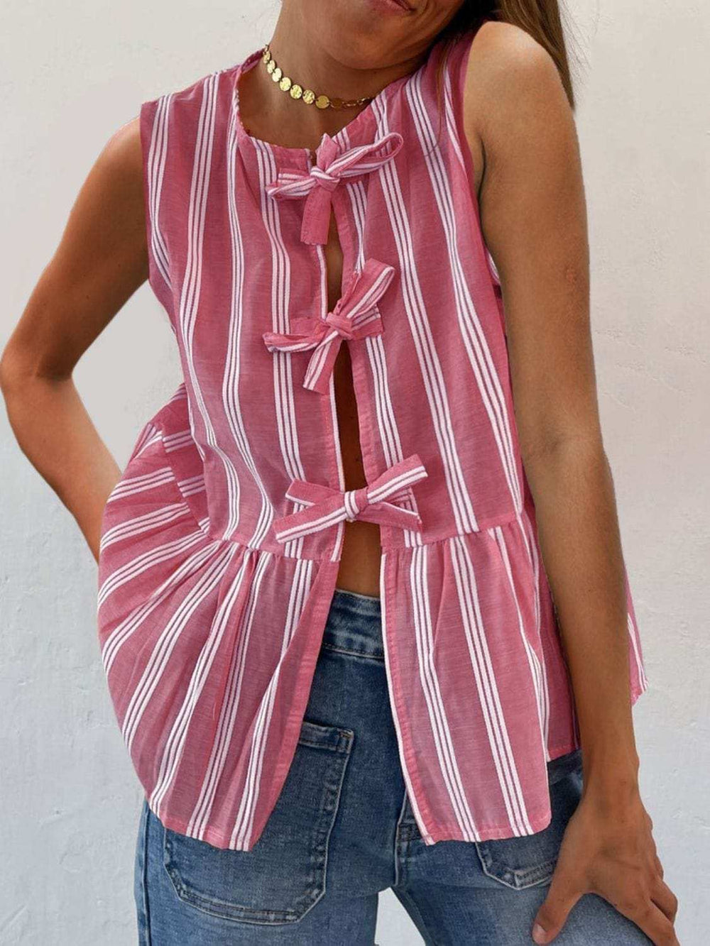 Tied Striped Round Neck Tank - Trendsi - Flyclothing LLC