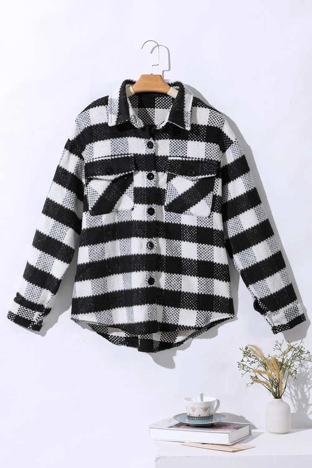 Plaid Button Up Long Sleeve Jacket - Trendsi - Flyclothing LLC