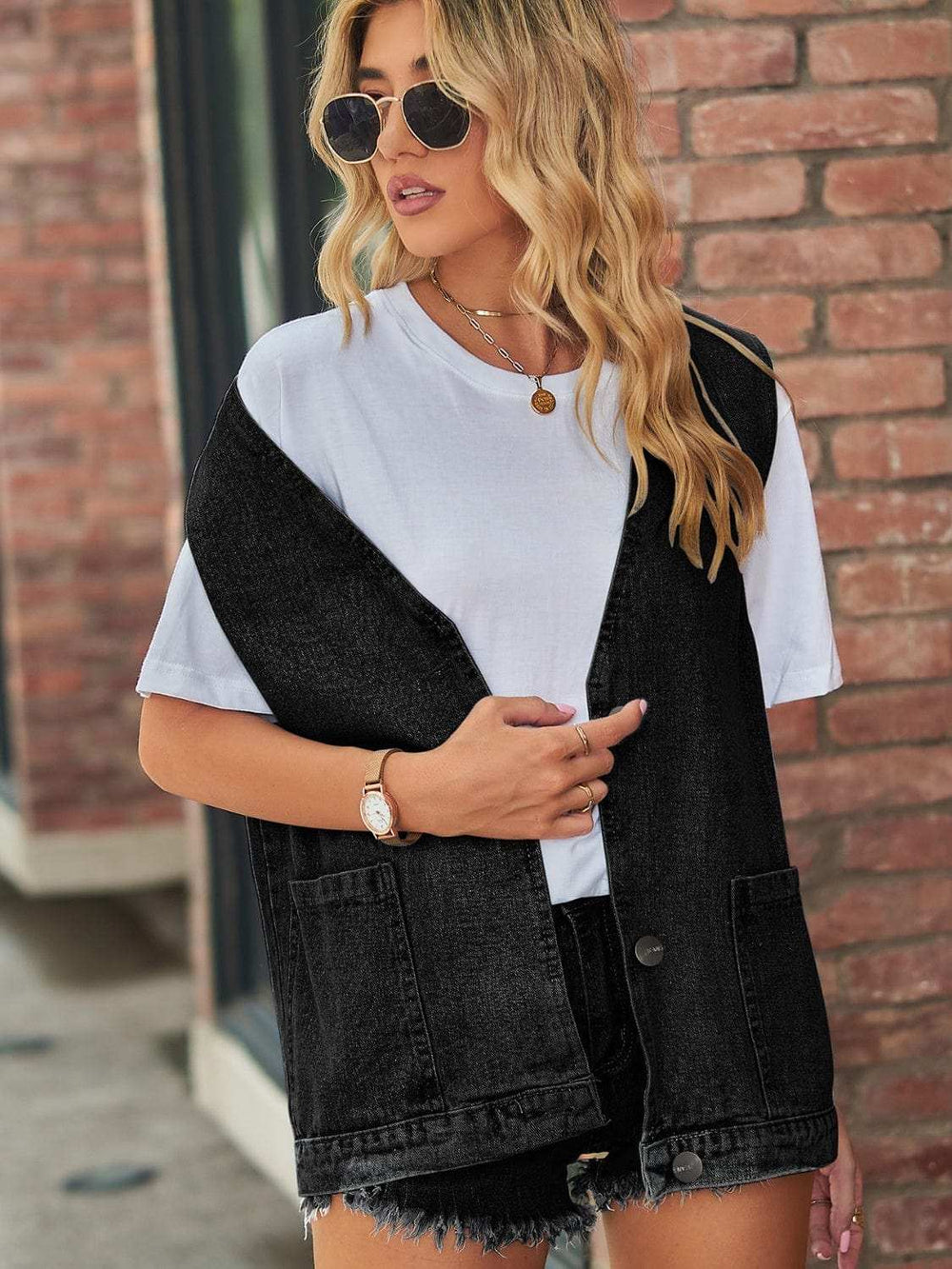 Full Size V-Neck Button Up Denim Vest - Trendsi - Flyclothing LLC