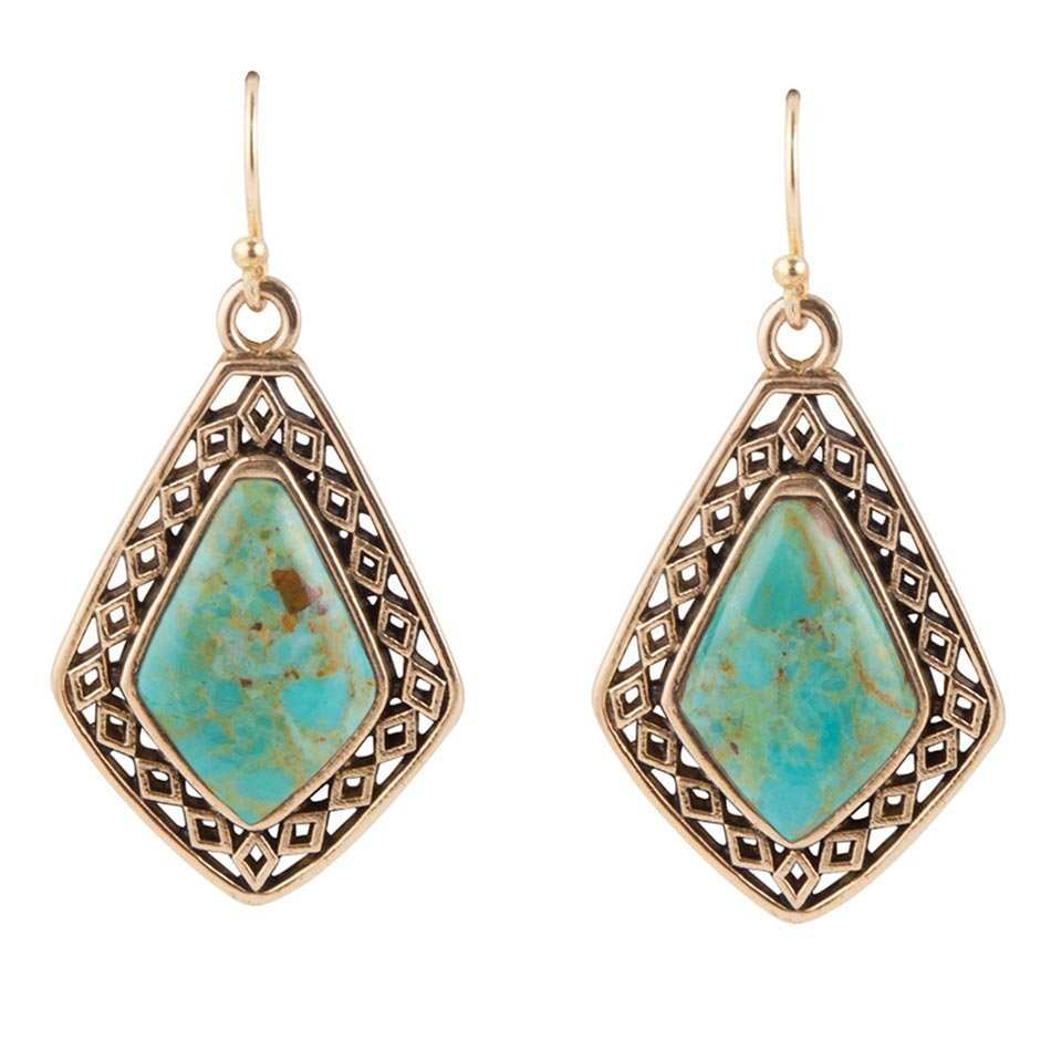 Dimond Blue Turquoise Stone Golden Drop Earrings - Barse Jewelry - Flyclothing LLC