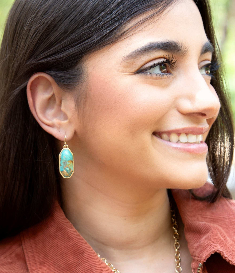 Dolce Teal Blue Turquoise Matrix Golden Drop Earrings - Barse Jewelry - Flyclothing LLC