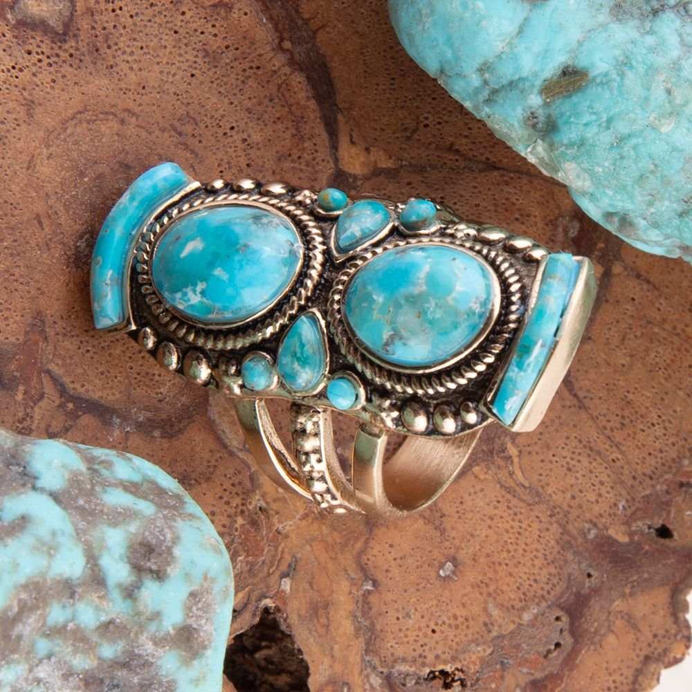Double Blue Turquoise Golden Shield Ring - Barse Jewelry - Flyclothing LLC