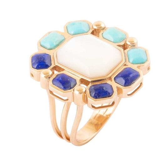 Dual Color Blue Lapis Turquoise and White Mother of Pearl Golden Ring - Barse Jewelry - Flyclothing LLC