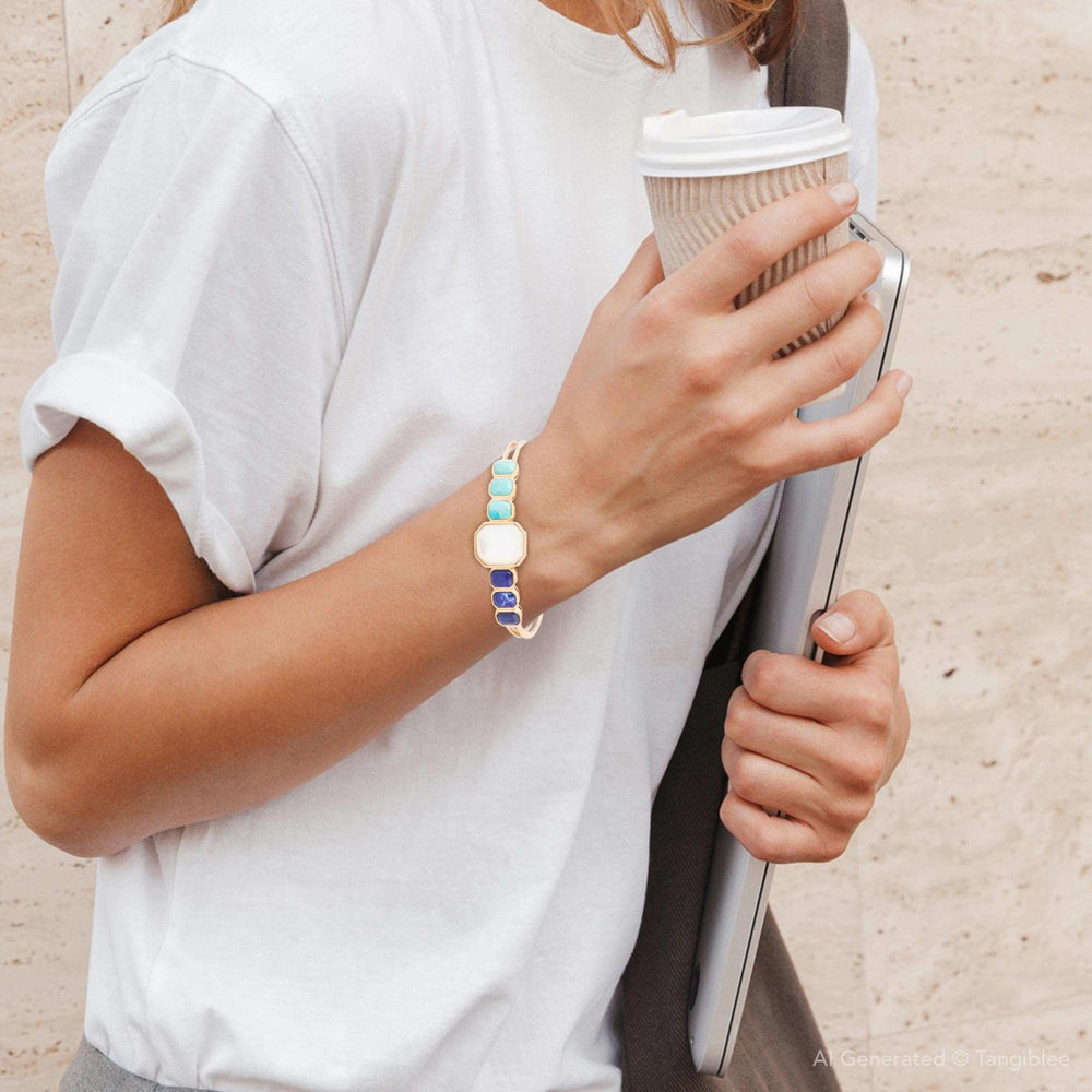 Dual Color Blue Lapis Turquoise and White Mother of Pearl Golden Cuff Bracelet - Barse Jewelry - Flyclothing LLC