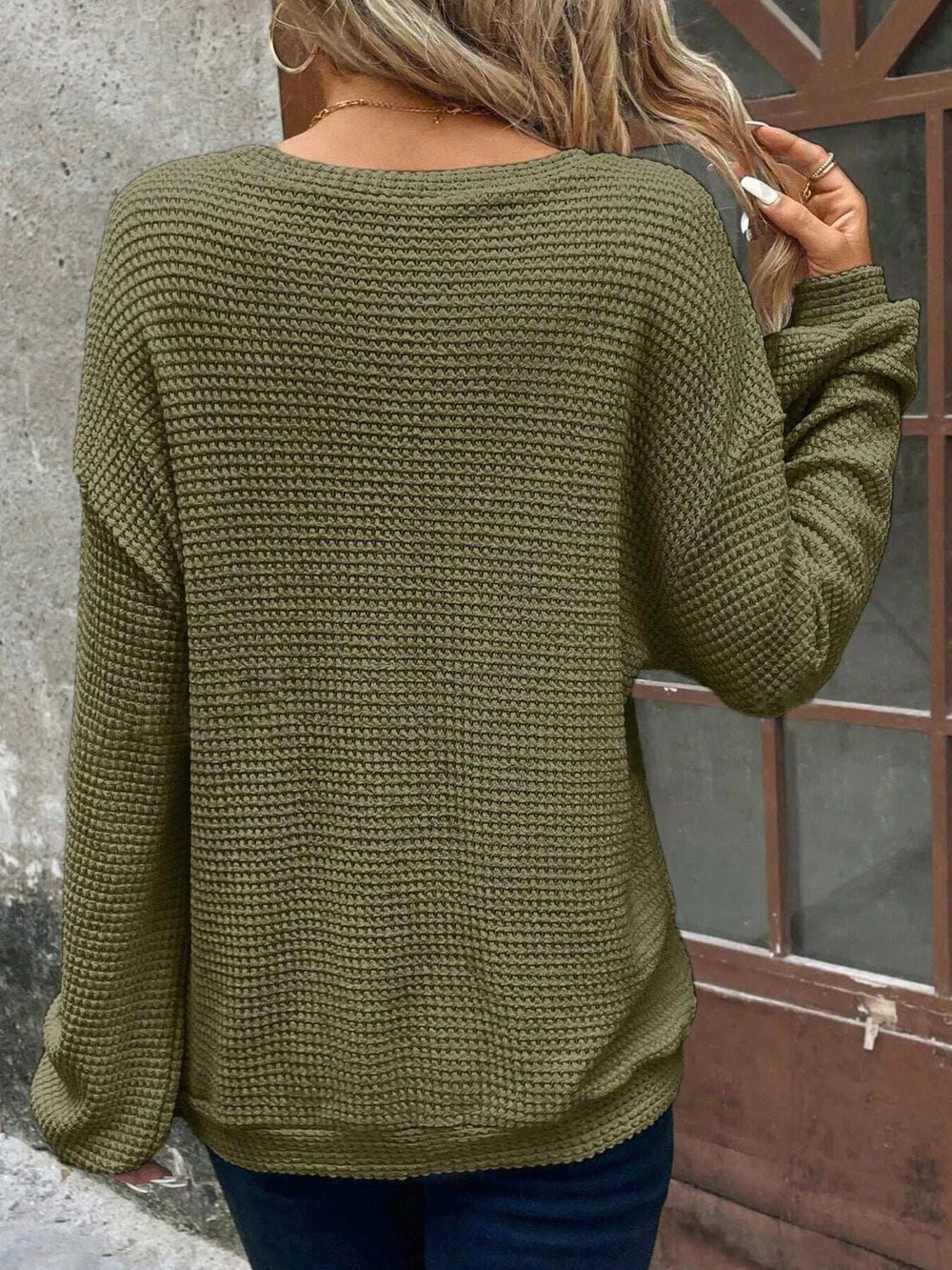 Plus Size Relaxed Fit Waffle Knit Round Neck T-Shirt - Trendsi - Flyclothing LLC
