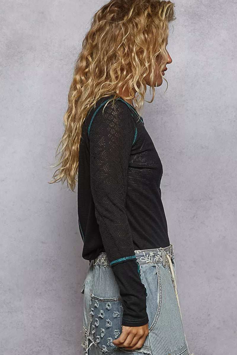 POL Long Sleeve Top with Contrasting Stitching - Trendsi - Flyclothing LLC