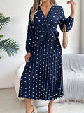 Tied Polka Dot Long Sleeve Midi Dress - Trendsi - Flyclothing LLC