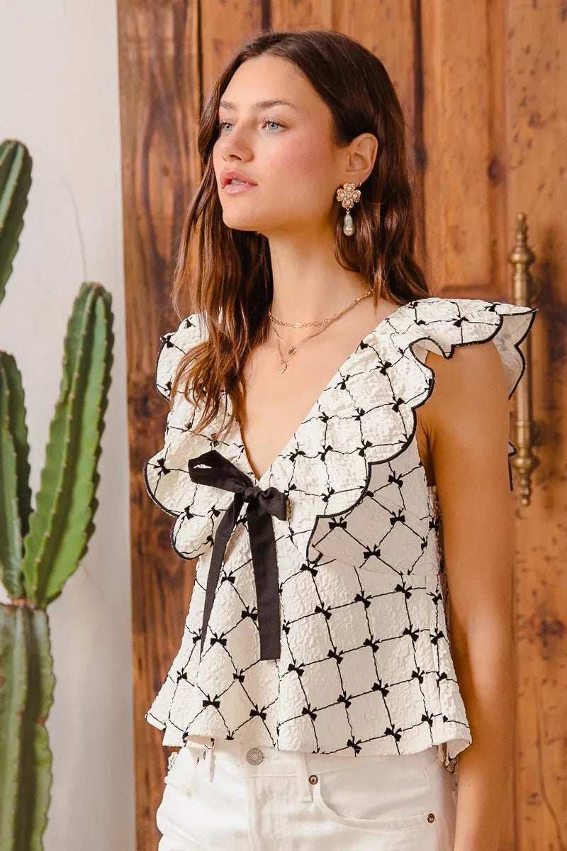 SO ME Bow Texture Jacquard Woven Top with Scallop and Tie - Trendsi - Flyclothing LLC