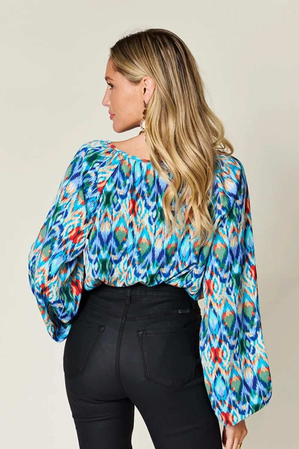 Double Take Full Size Printed Balloon Sleeve Blouse - Trendsi - Flyclothing LLC