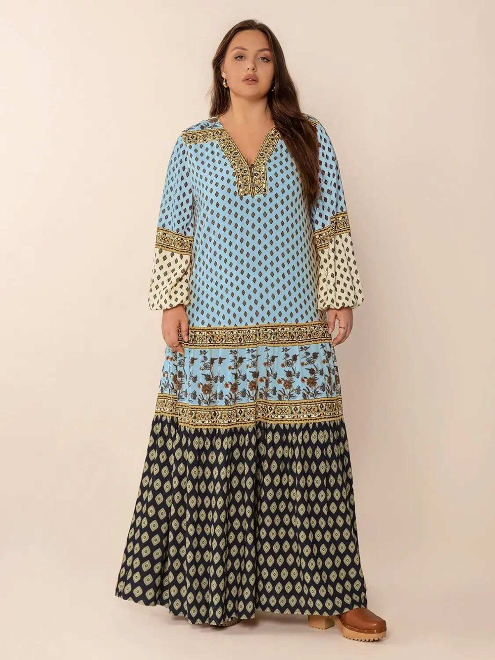 Plus Size Printed V-Neck Balloon Sleeve Maxi Dress - Trendsi - Flyclothing LLC