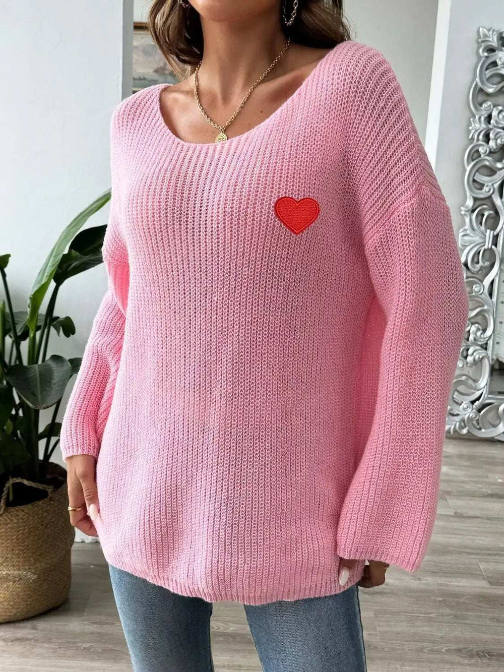Heart Boat Neck Dropped Shoulder Sweater - Trendsi - Flyclothing LLC