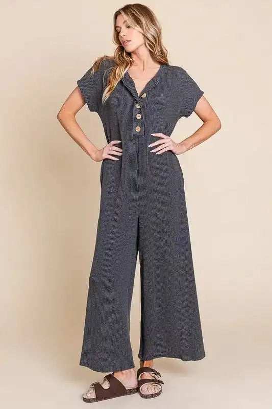 BOMBOM Rib Knit Jumpsuit with Button Detail - Trendsi - Flyclothing LLC