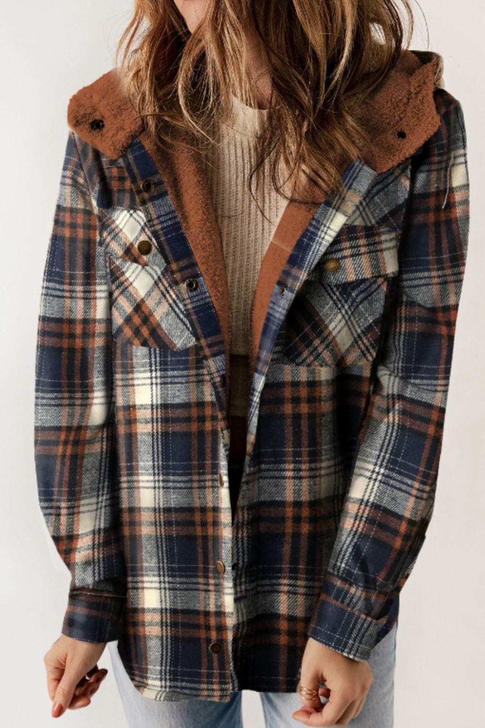 Plaid Button Up Long Sleeve Hooded Jacket - Trendsi - Flyclothing LLC