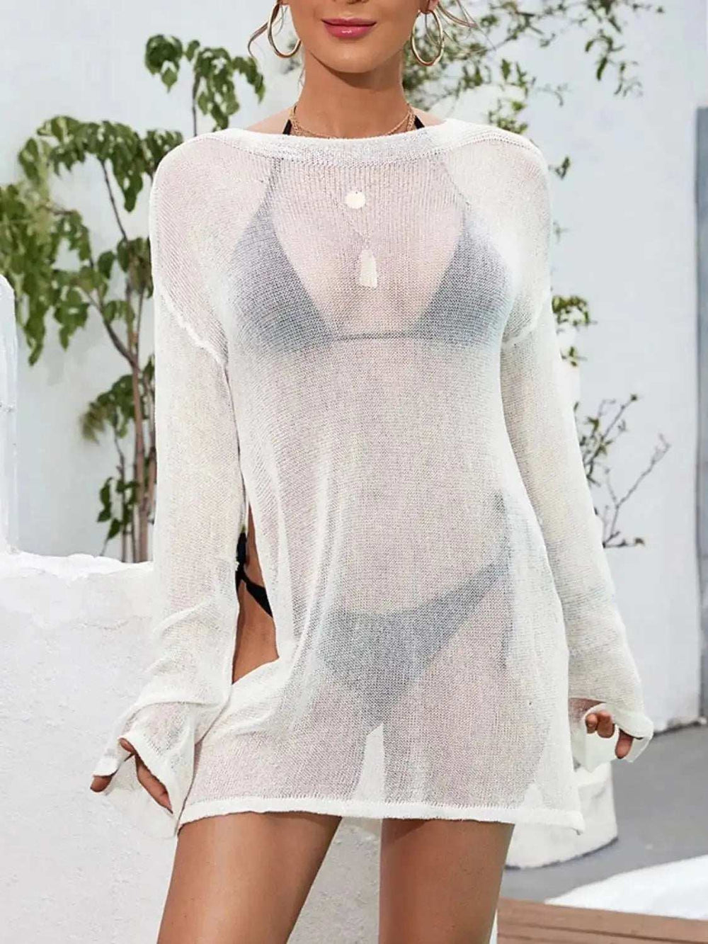 Round Neck Slit Cover-Up - Trendsi - Flyclothing LLC