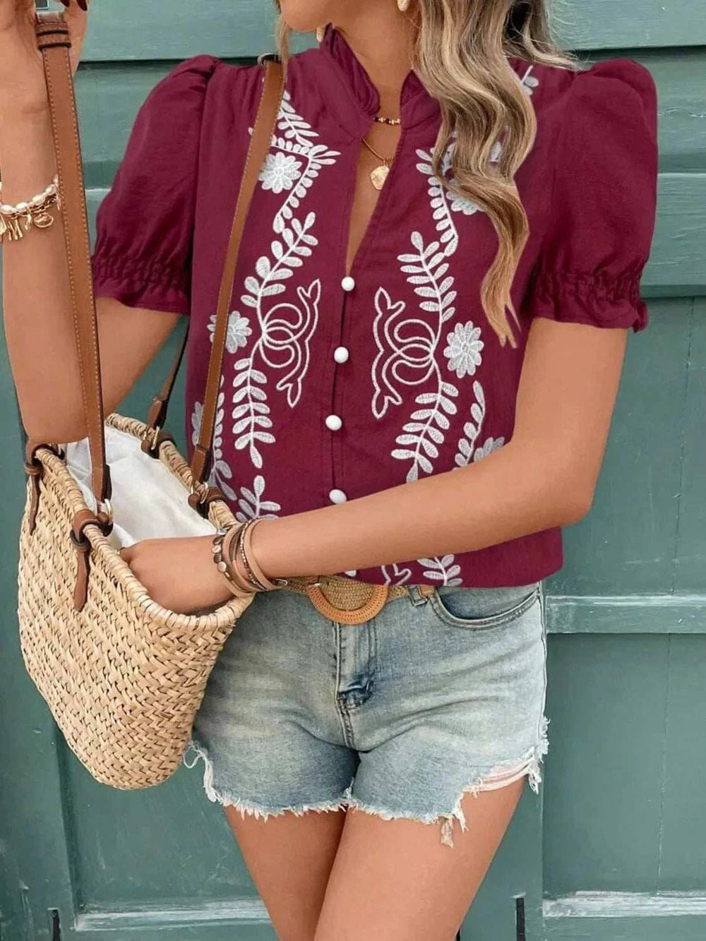 Embroidered Frill Notched Short Sleeve Blouse - Trendsi - Flyclothing LLC