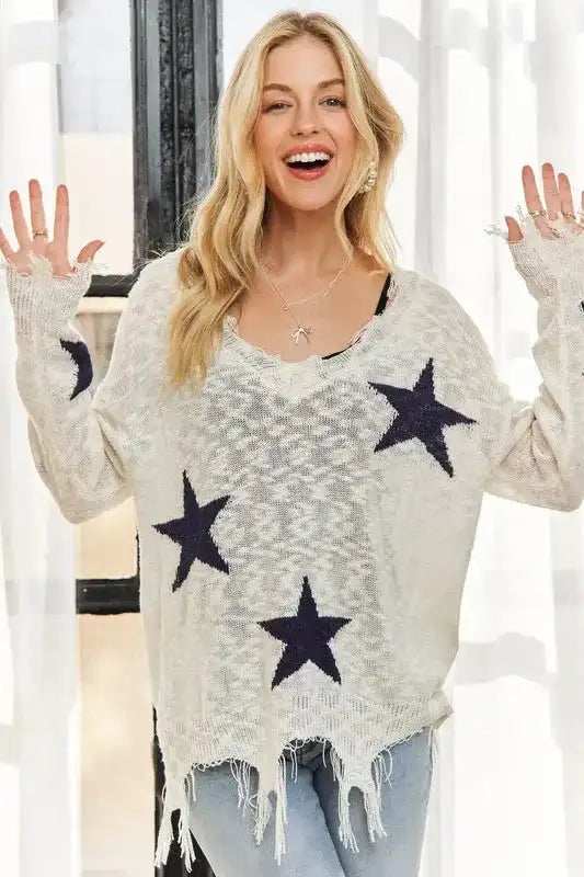 ADORA Distressed Star Sweater Top - Trendsi - Flyclothing LLC
