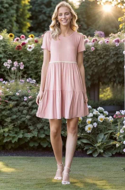 Heimish Full Size Solid Mini Tiered Dress with Pompom Lace Plus Size - Trendsi - Flyclothing LLC