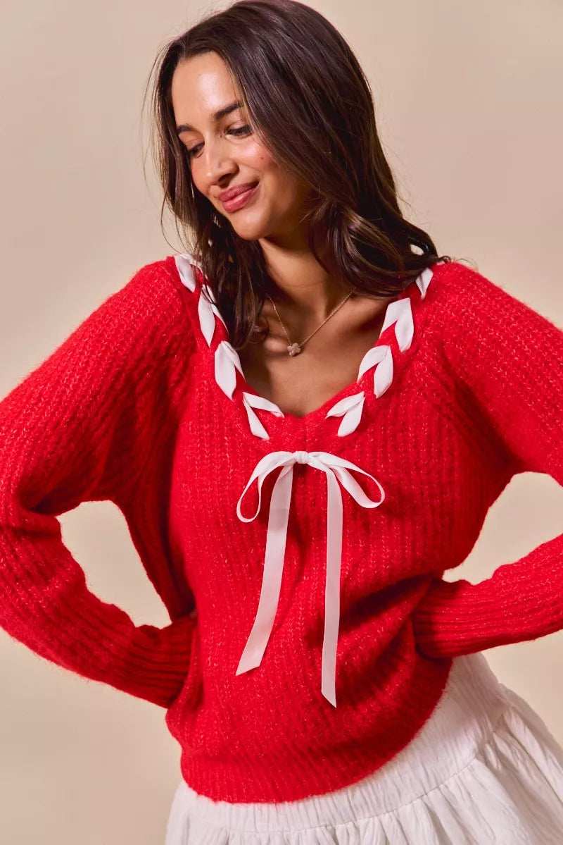 SO ME Satin Tape Braided Ribbon Tie V Neck Sweater - Trendsi - Flyclothing LLC
